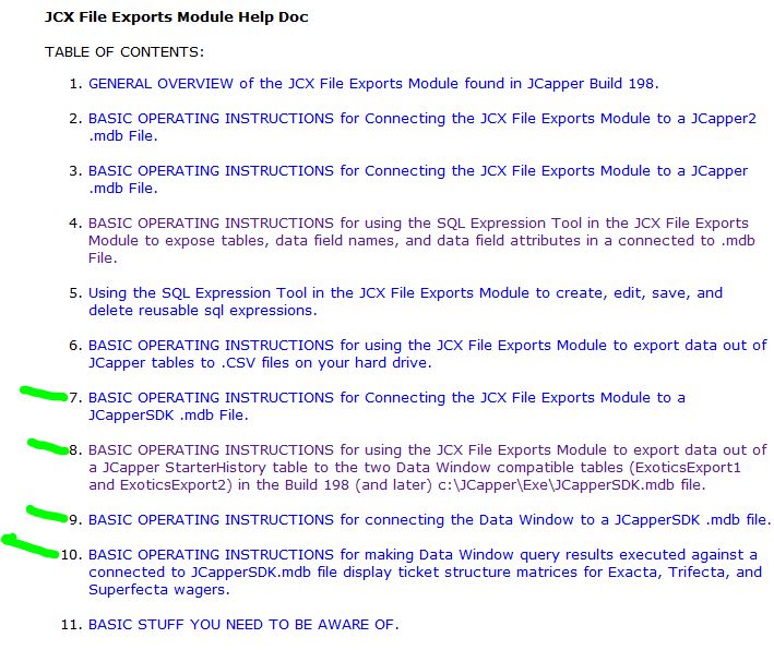 JCX Exports Table of Contents